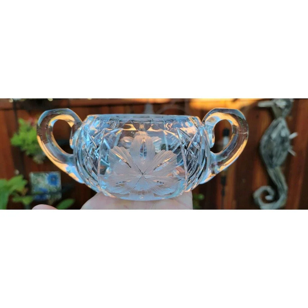 Antique Etched & Cut Crystal Floral Motif Sugar Bowl - 1930's